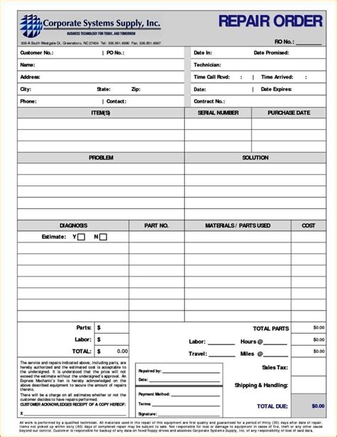 Work Order Format Template for Mechanical Workshop Excel